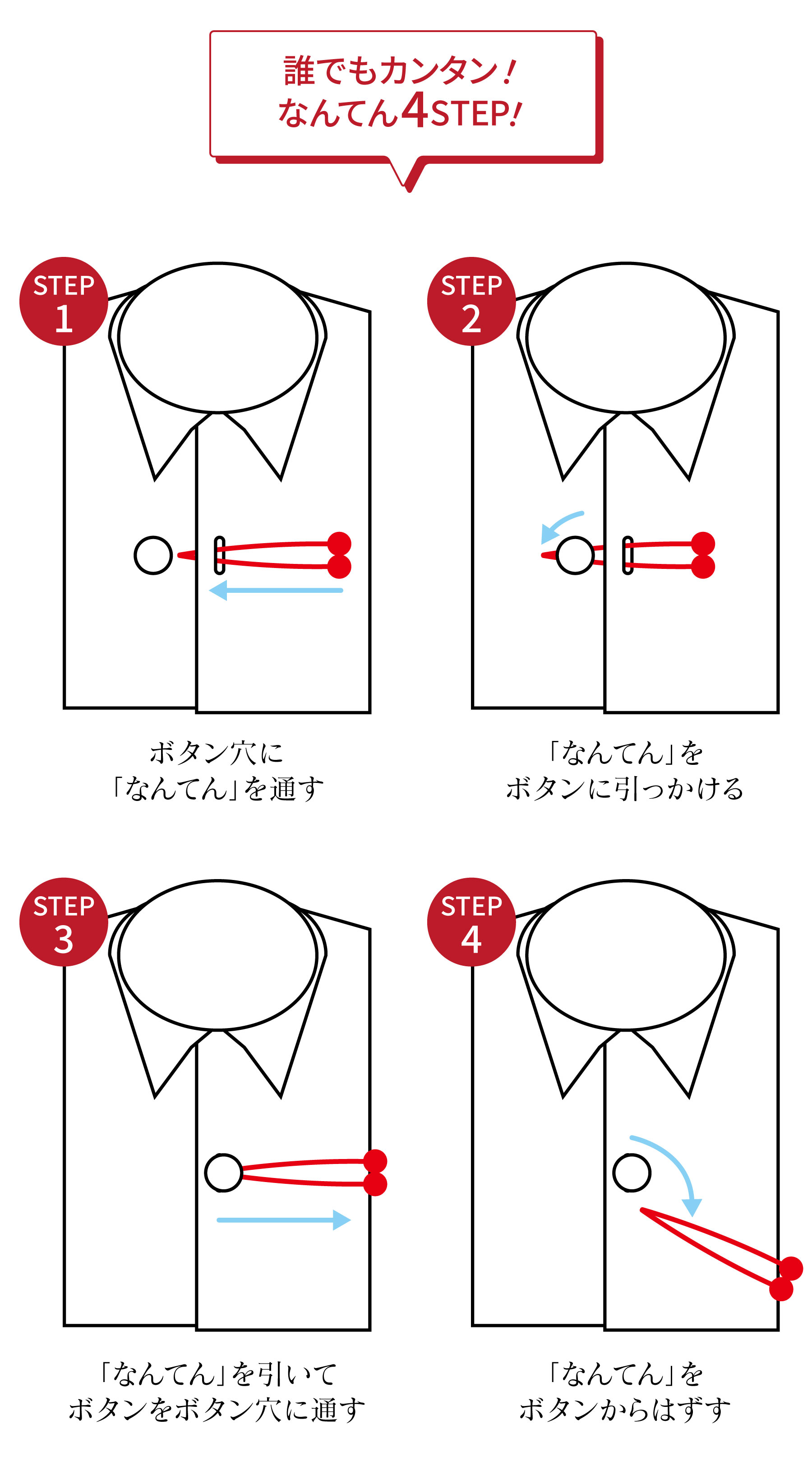 誰でもカンタン！なんてん4STEP ●STEP1 ボタン穴に「なんてん」を通す ●STEP2 「なんてん」をボタンに引っかける ●STEP3 「なんてん」を引いてボタンをボタン穴に通す ●STEP4 「なんてん」をボタンからはずす